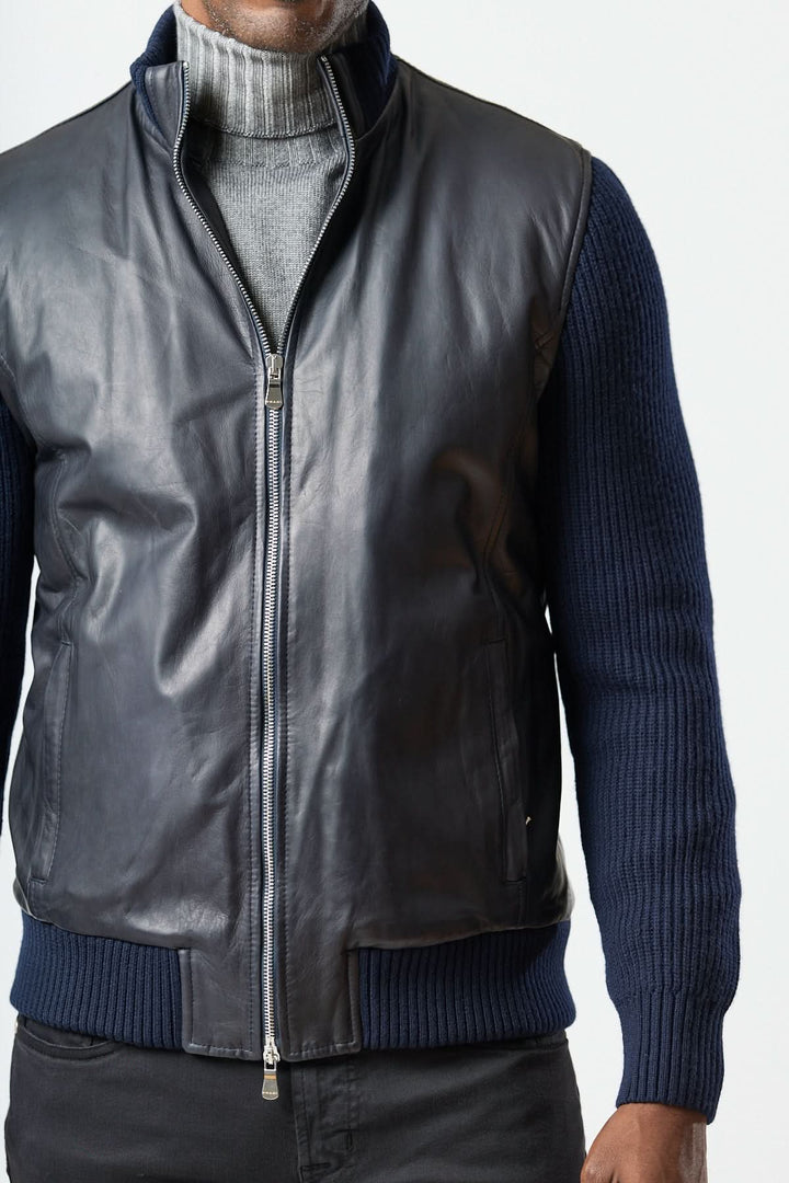 Hybrid leather and knit zip-up jacket