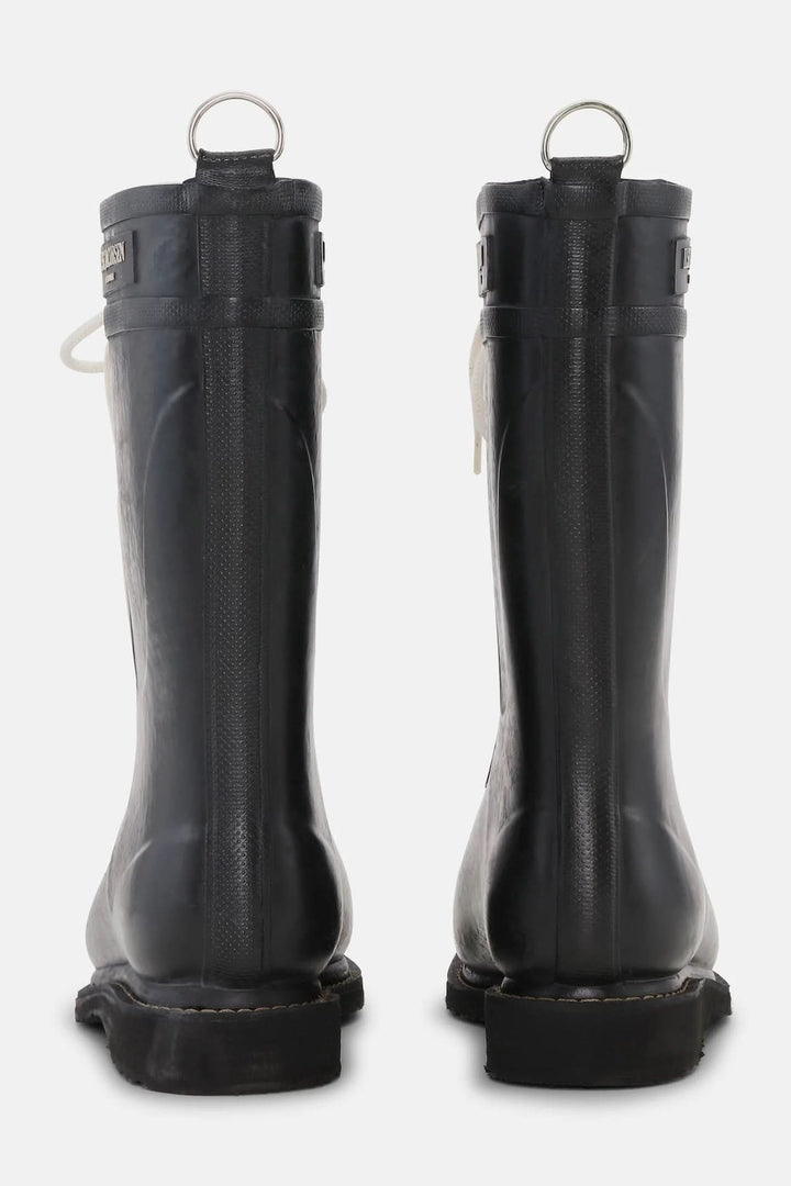 Vue arrière des bottes d’hiver imperméables à lacets, confectionnées en caoutchouc durable avec doublure chaude pour protection contre intempéries.
