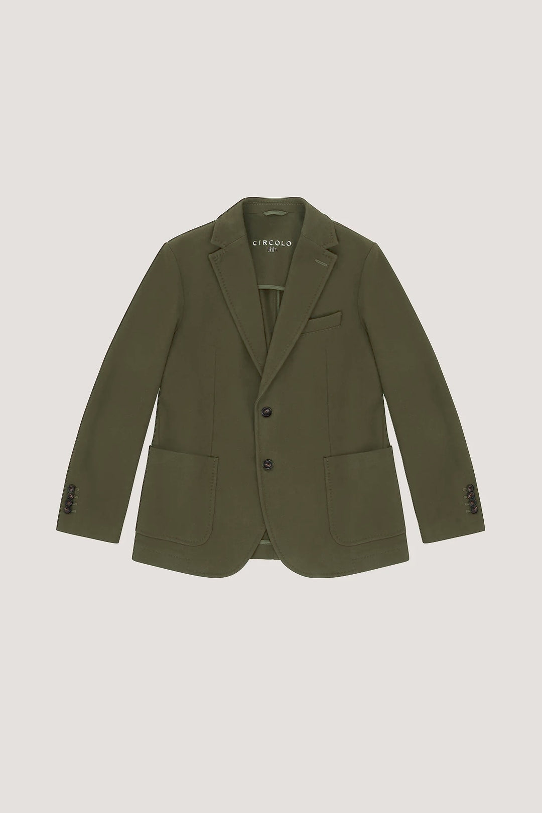 Veston extensible de coton doux avec col à revers et boutons en corne, teinte verte, élégance moderne et confort décontracté.