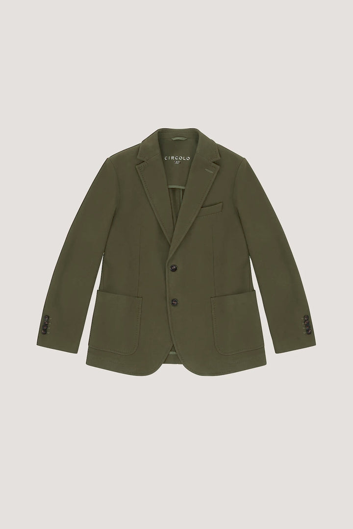 Veston extensible de coton doux avec col à revers et boutons en corne, teinte verte, élégance moderne et confort décontracté.