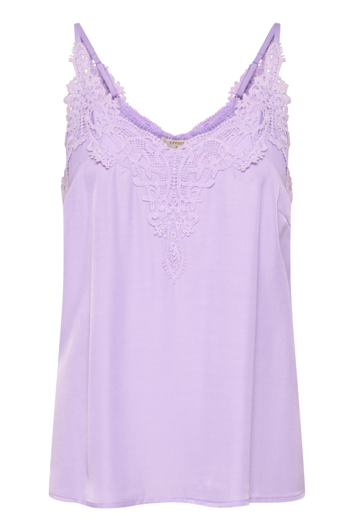 Camisole Anna lavande avec dentelle encolure en V, coupe A, idéale pour un look élégant ou décontracté.