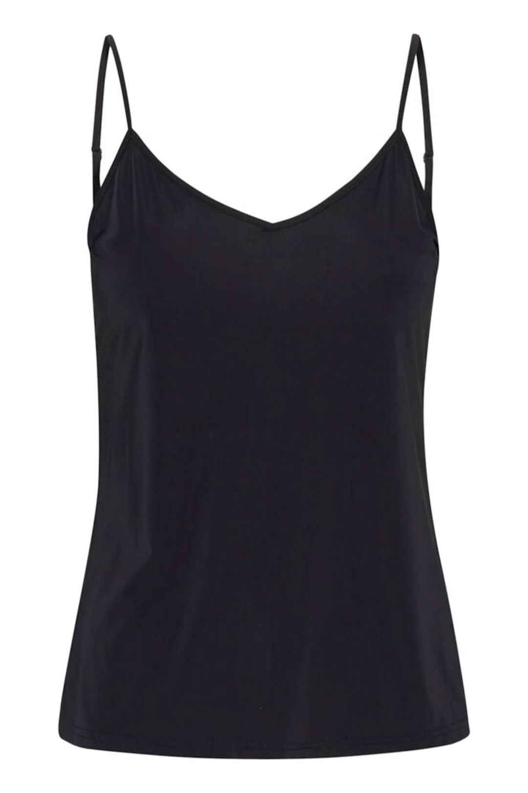 Camisole noire à bretelles ajustables, coupe ajustée, tissu léger et confortable pour un usage quotidien.