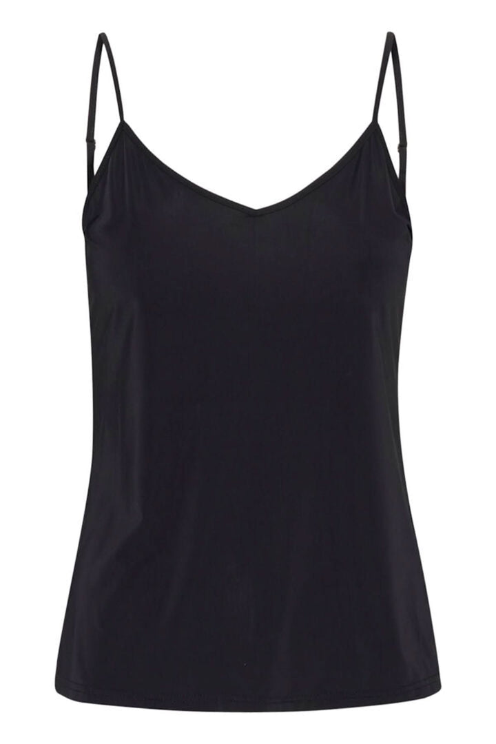Camisole noire à bretelles ajustables, coupe ajustée, tissu léger et confortable pour un usage quotidien.
