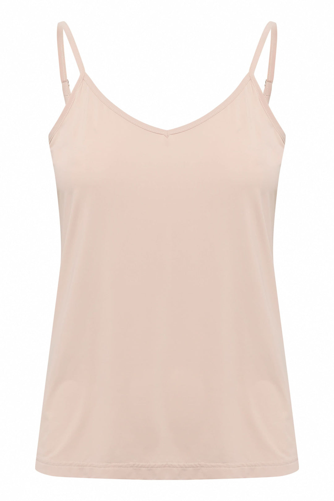 Camisole Lissandra à fines bretelles avec encolure en V, silhouette épurée et coupe ajustée, couleur beige nude.
