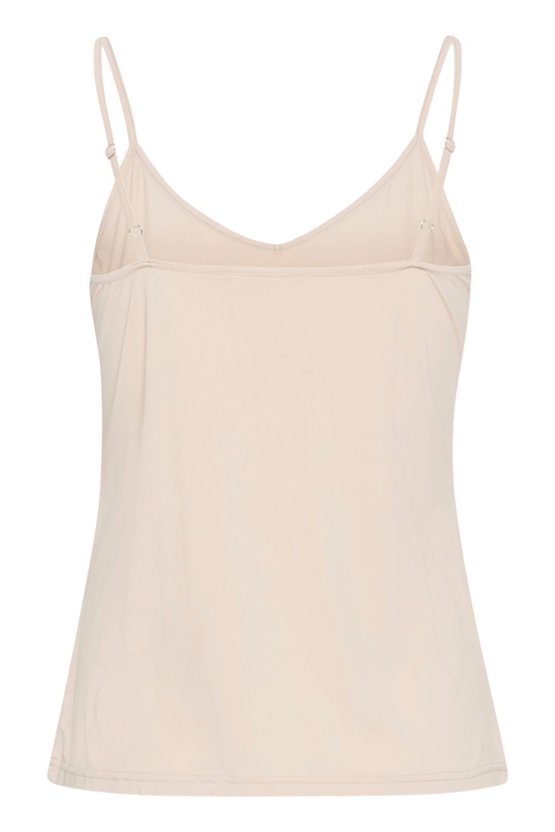 Camisole Lissandra avec fines bretelles et encolure en V, silhouette épurée pour look polyvalent, couleur beige neutre.