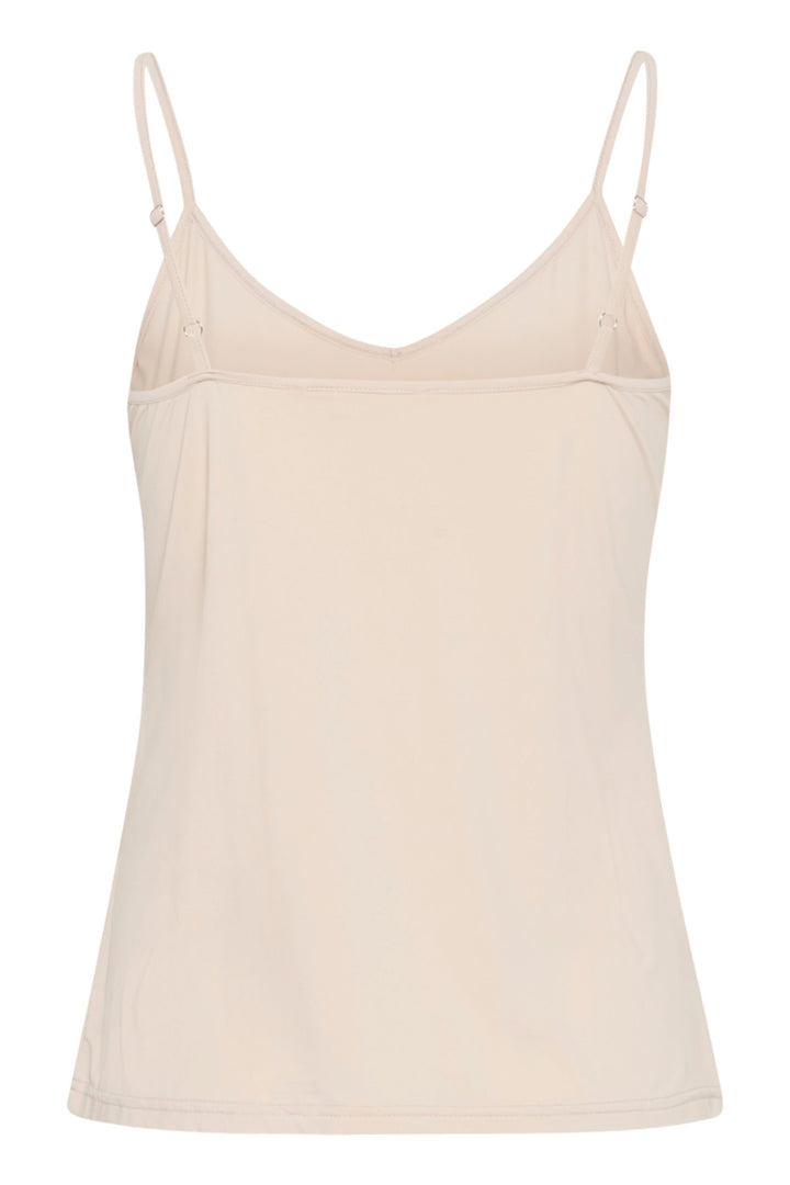 Camisole Lissandra avec fines bretelles et encolure en V, silhouette épurée pour look polyvalent, couleur beige neutre.