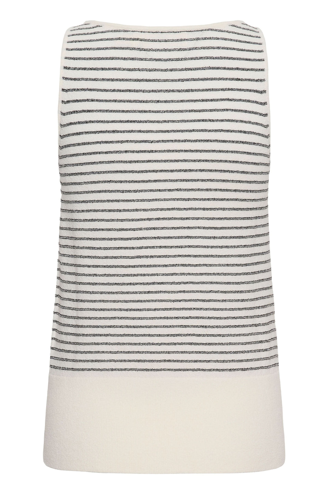 Camisole Nola en maille rayée blanche et noire, coupe ajustée sans manches, parfaite pour un style moderne.