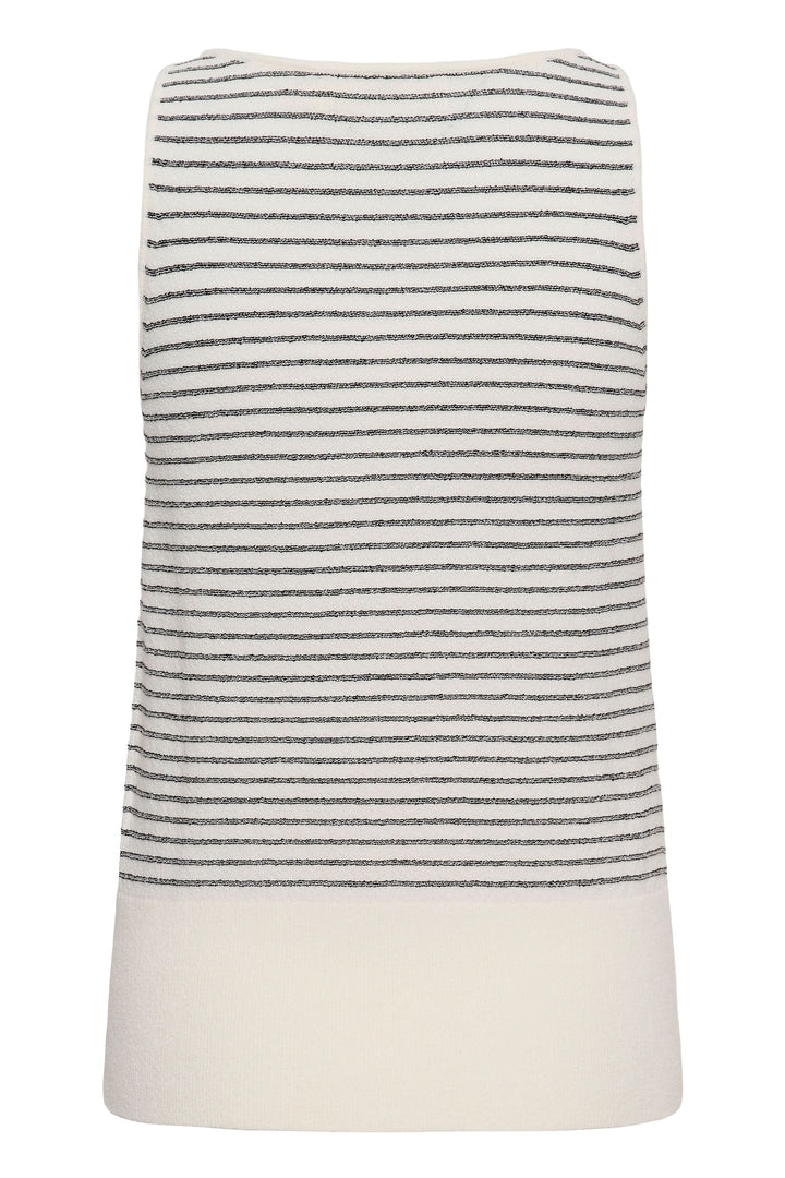 Camisole Nola en maille rayée blanche et noire, coupe ajustée sans manches, parfaite pour un style moderne.