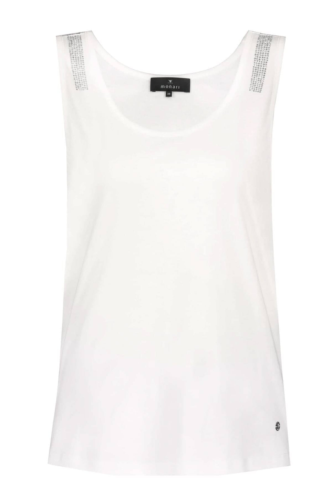 Camisole blanche avec strass sur les épaules, encolure ronde et coupe régulière.