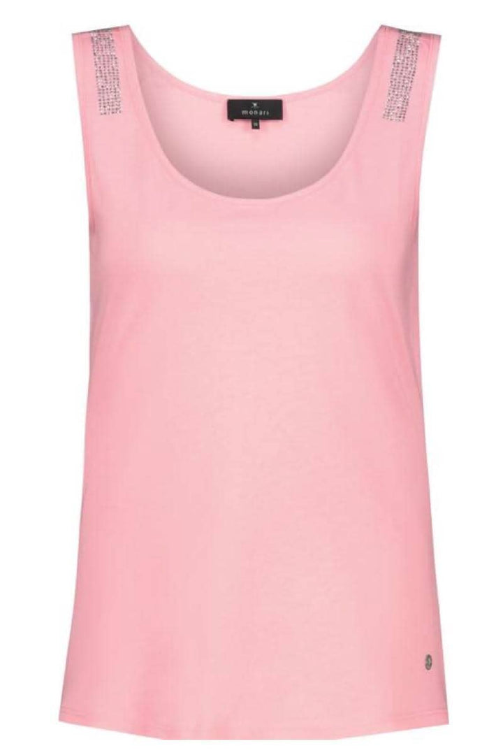Camisole rose avec bretelles strass et encolure ronde, coupe régulière jusqu&