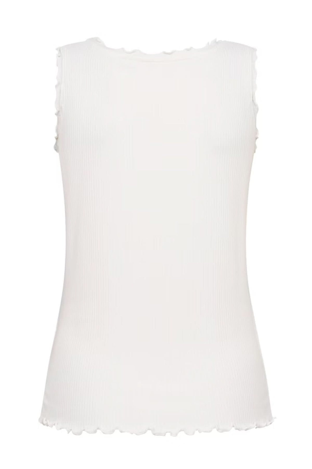 Camisole blanche à col froncé, vue arrière, avec finitions festonnées et design léger.