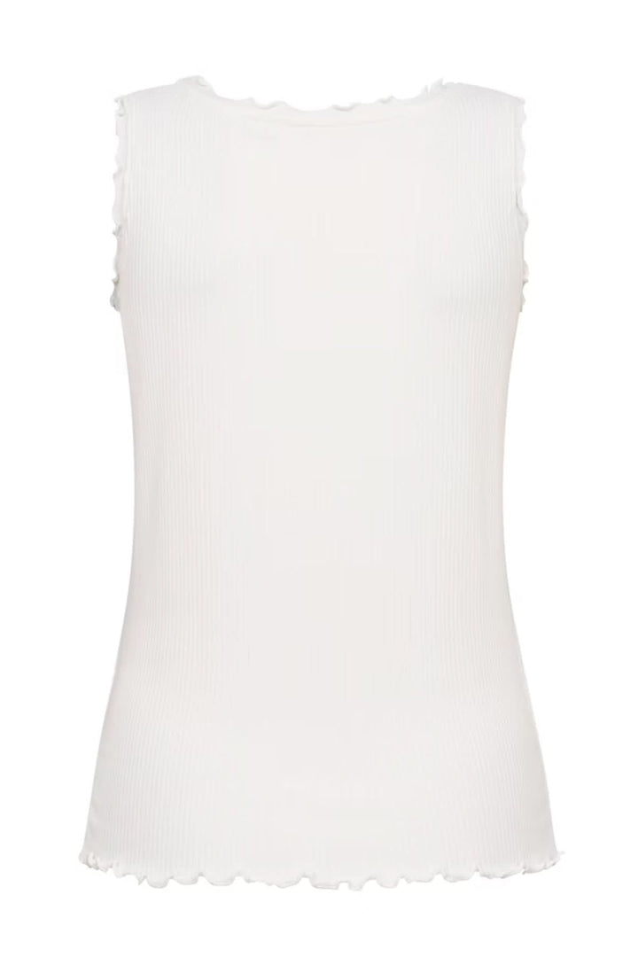 Camisole blanche à col froncé, vue arrière, avec finitions festonnées et design léger.