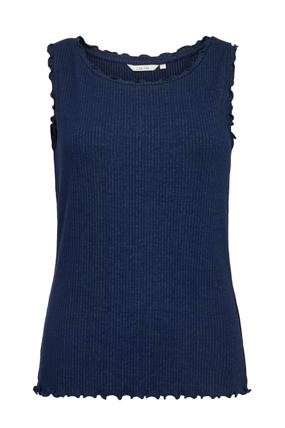Camisole sans manches en lin bleu marine avec col festonné et design côtelé, parfaite pour l'été.