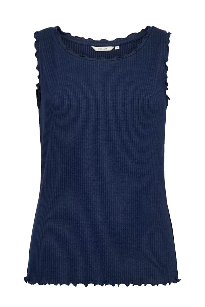 Camisole sans manches en lin bleu marine avec col festonné et design côtelé, parfaite pour l'été.