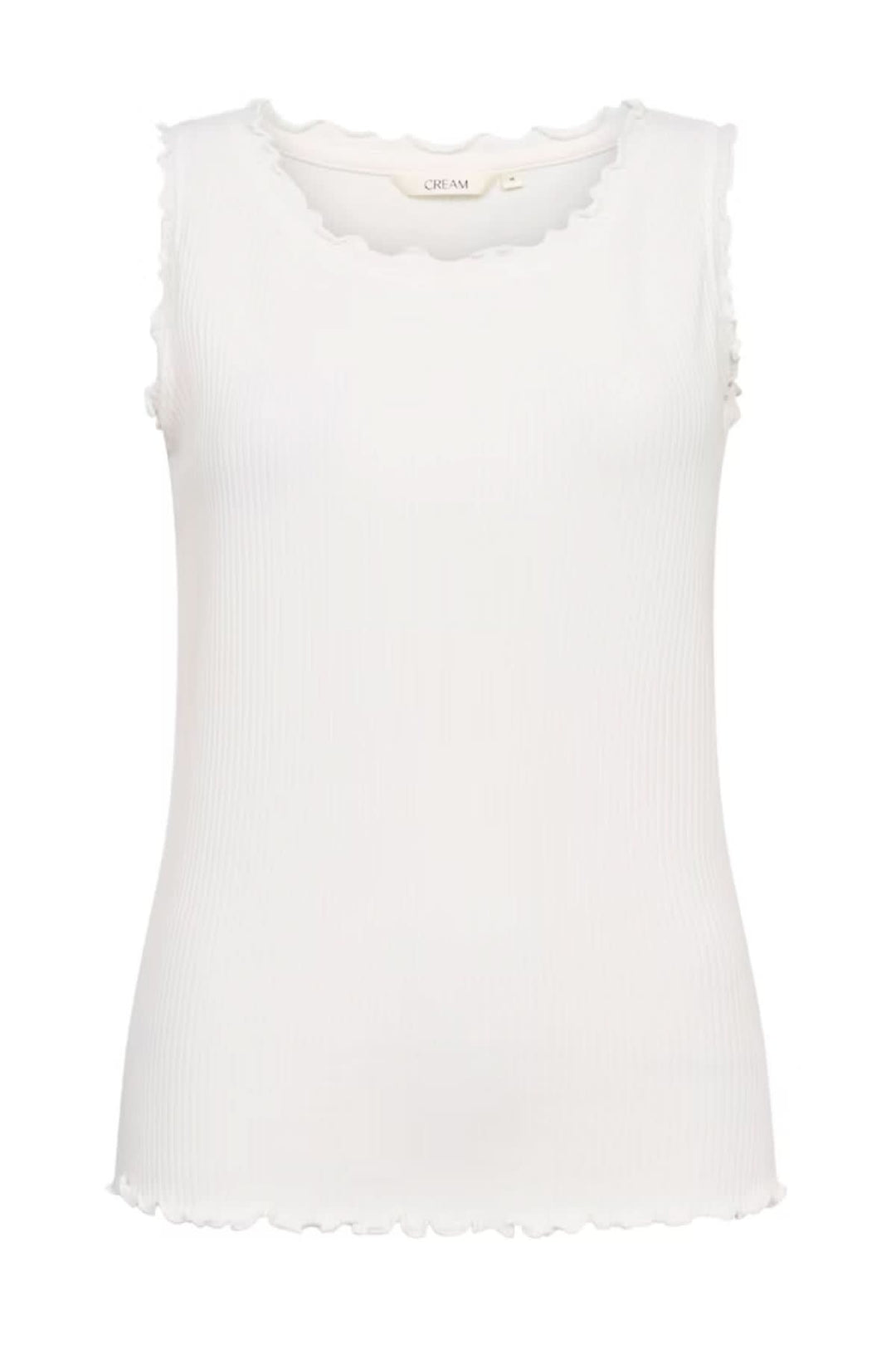 Camisole blanche à col ondulé, légère et élégante, parfaite pour un look décontracté et estival.