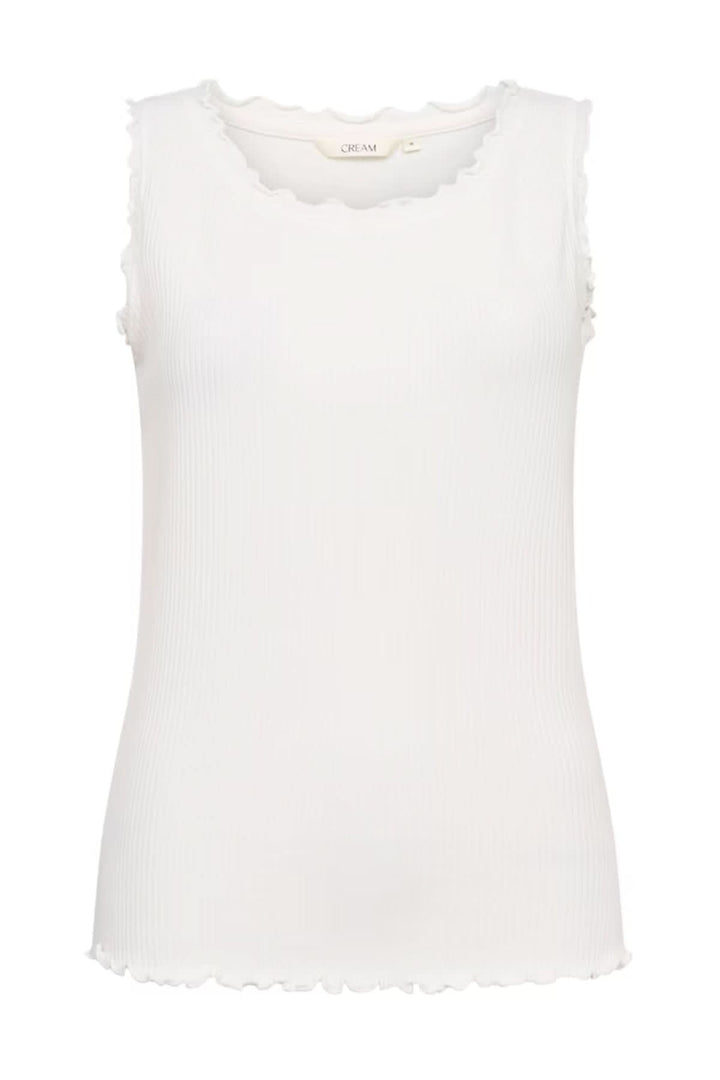 Camisole blanche à col ondulé, légère et élégante, parfaite pour un look décontracté et estival.