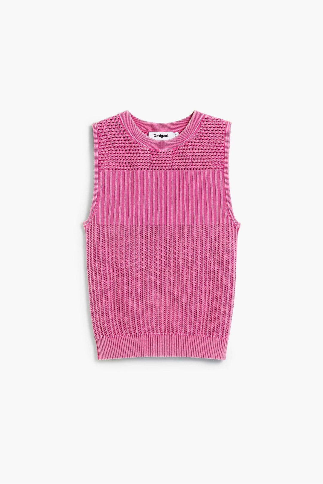 Camisole crochet rose sans manches, ajustée avec maille texturée, idéale pour l'été.