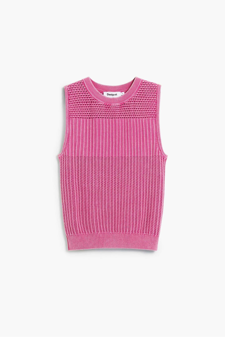 Camisole crochet rose sans manches, ajustée avec maille texturée, idéale pour l'été.