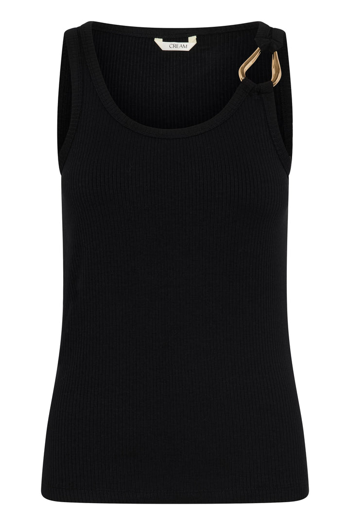 Camisole côtelée Ribba avec détail anneau, couleur noire, tissu côtelé, encolure arrondie, détail anneau à l&
