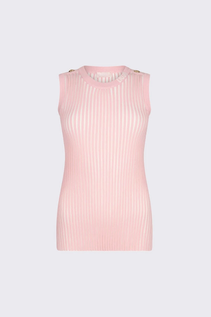 Camisole en maille côtelée rose sans manches avec encolure ronde et coupe ajustée, idéale pour une garde-robe polyvalente.