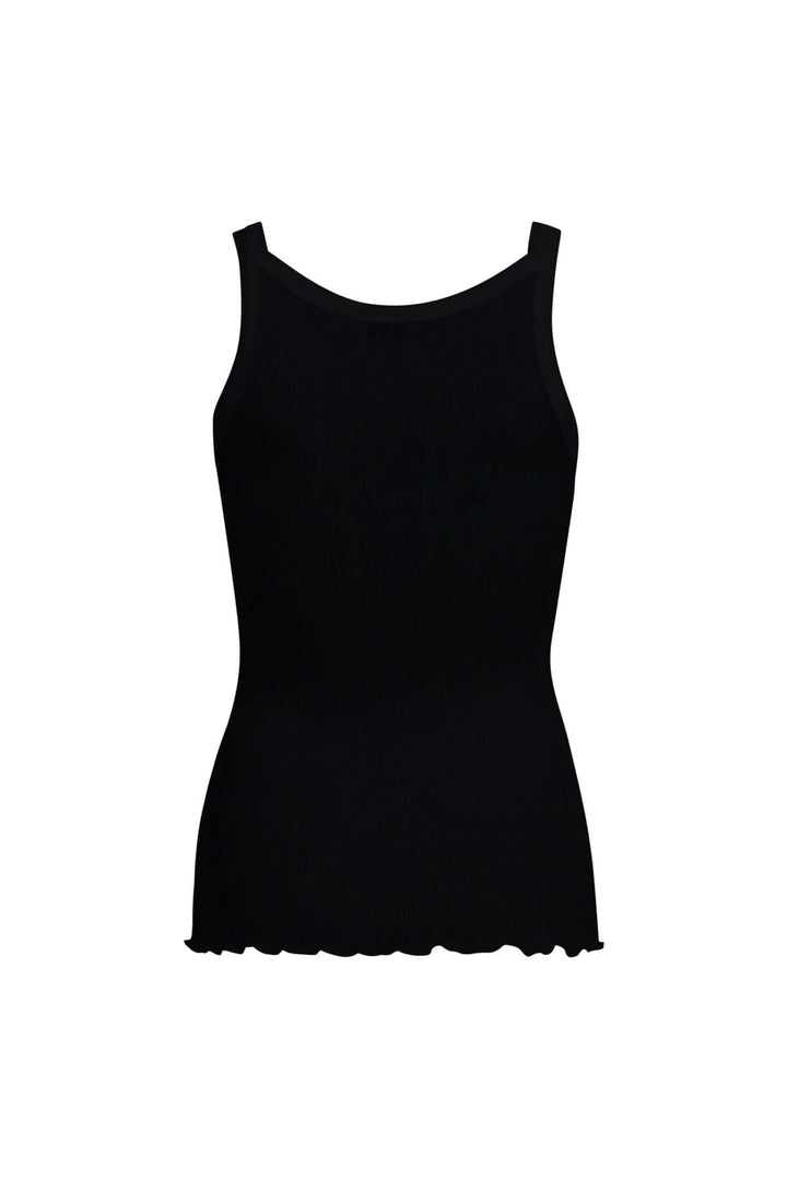 Camisole en soie noire à encolure ronde et bretelles droites, parfaite pour un style élégant.