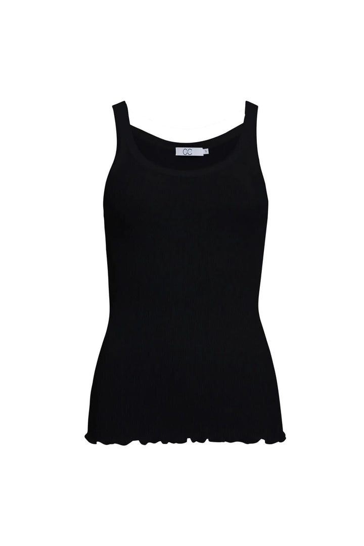 Camisole en soie noire à encolure ronde et bretelles droites, idéale pour un look élégant.
