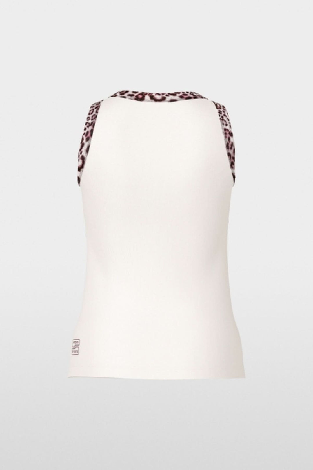 Camisole à imprimé léopard en coton côtelé sans manches avec bordures léopard, vue arrière. Mode basique avec originalité et style.
