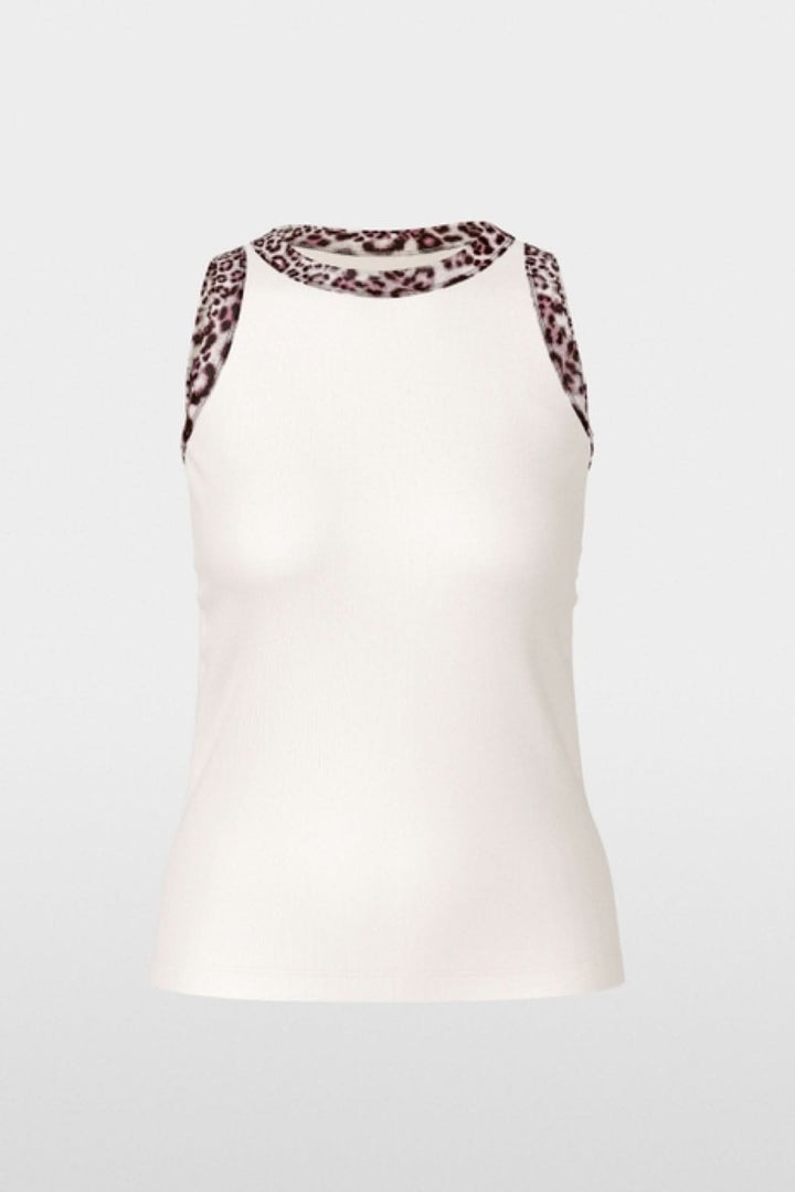 Camisole à imprimé léopard en coton côtelé avec bordures léopard, coupe près du corps, col rond, sans manches, élégante et tendance.