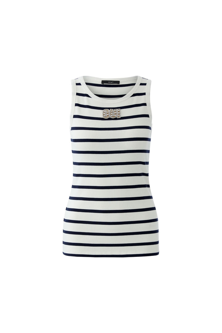 Camisole rayée sans manches en coton, motif rayé horizontal, idéale pour une tenue polyvalente et féminine, coupe ajustée mode.