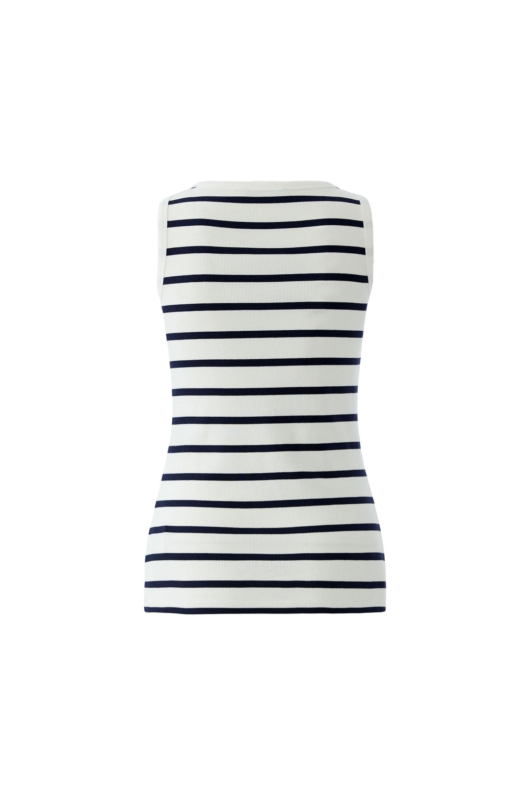 Camisole rayée sans manches avec motif marin horizontal et coupe ajustée, vue arrière. Idéale pour un style féminin et épuré.
