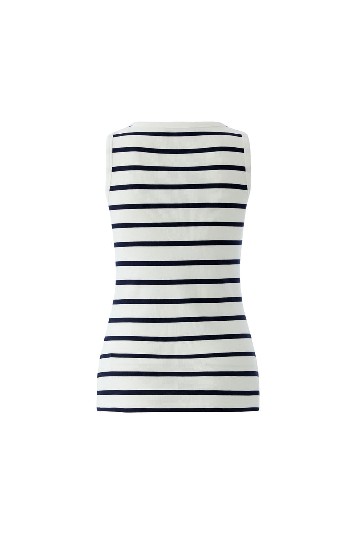Camisole rayée sans manches avec motif marin horizontal et coupe ajustée, vue arrière. Idéale pour un style féminin et épuré.