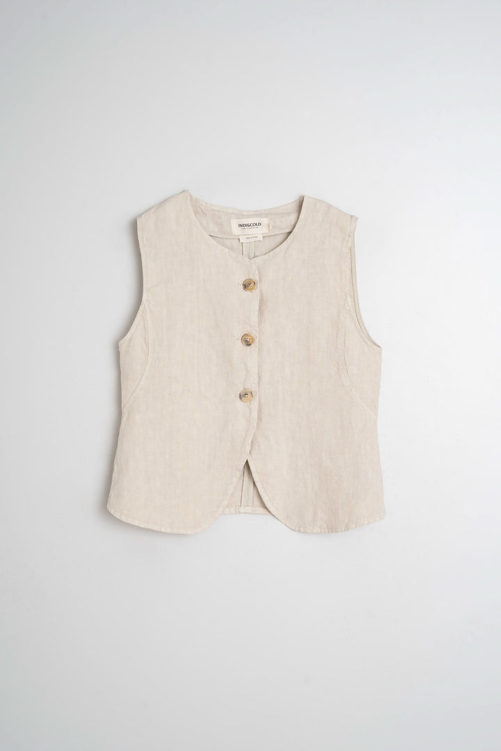Camisole sans manches en lin beige avec boutons avant, idéale pour superposer et créer un look décontracté.