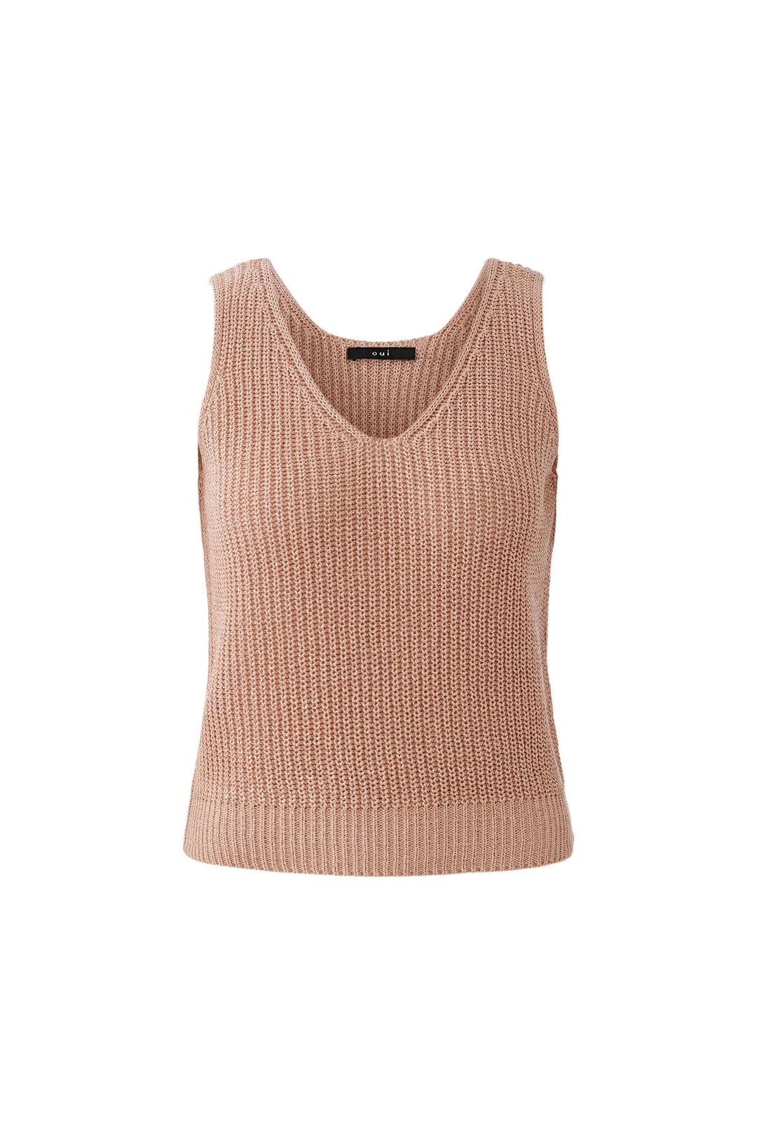 Camisole tricoté en fil spécial avec encolure en V et coupe droite, idéale pour superposition, couleur beige, maille texturée.
