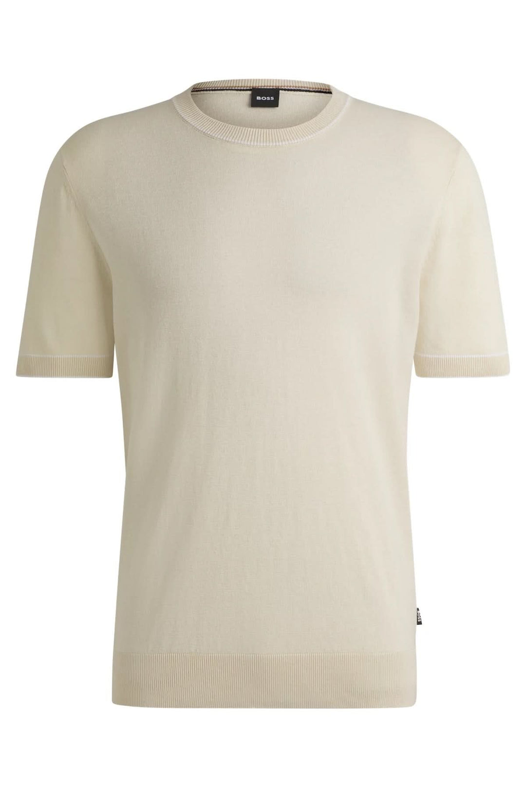 Lightweight cream short-sleeve knit sweater with ribbed neckline and hem for a stylish summer look.