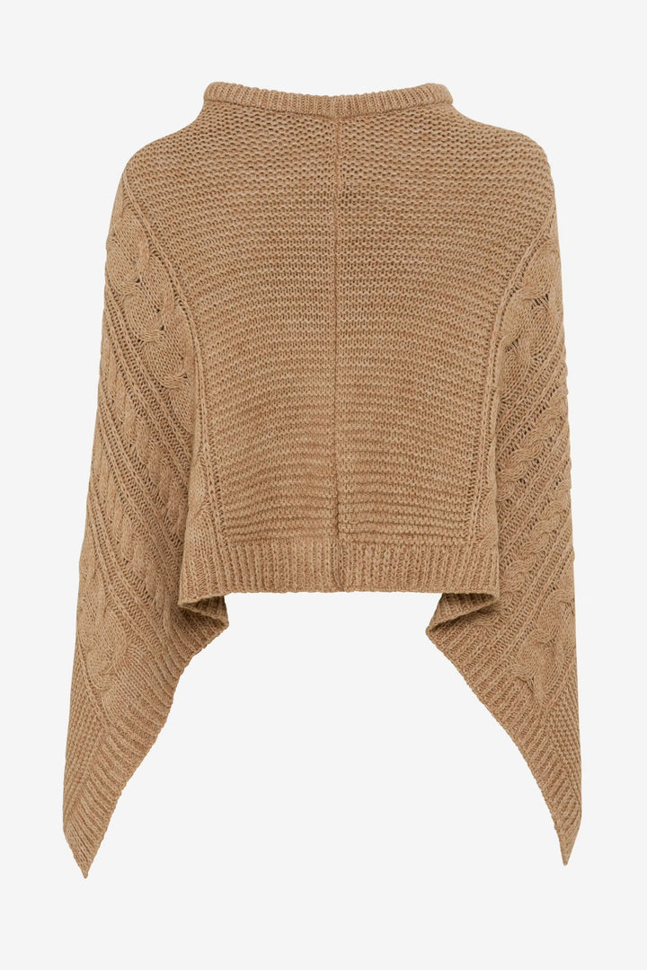 Cape Thea en tricot torsadé, élégante et confortable, avec coupe asymétrique et motif texturé, idéale pour la mi-saison et le style.