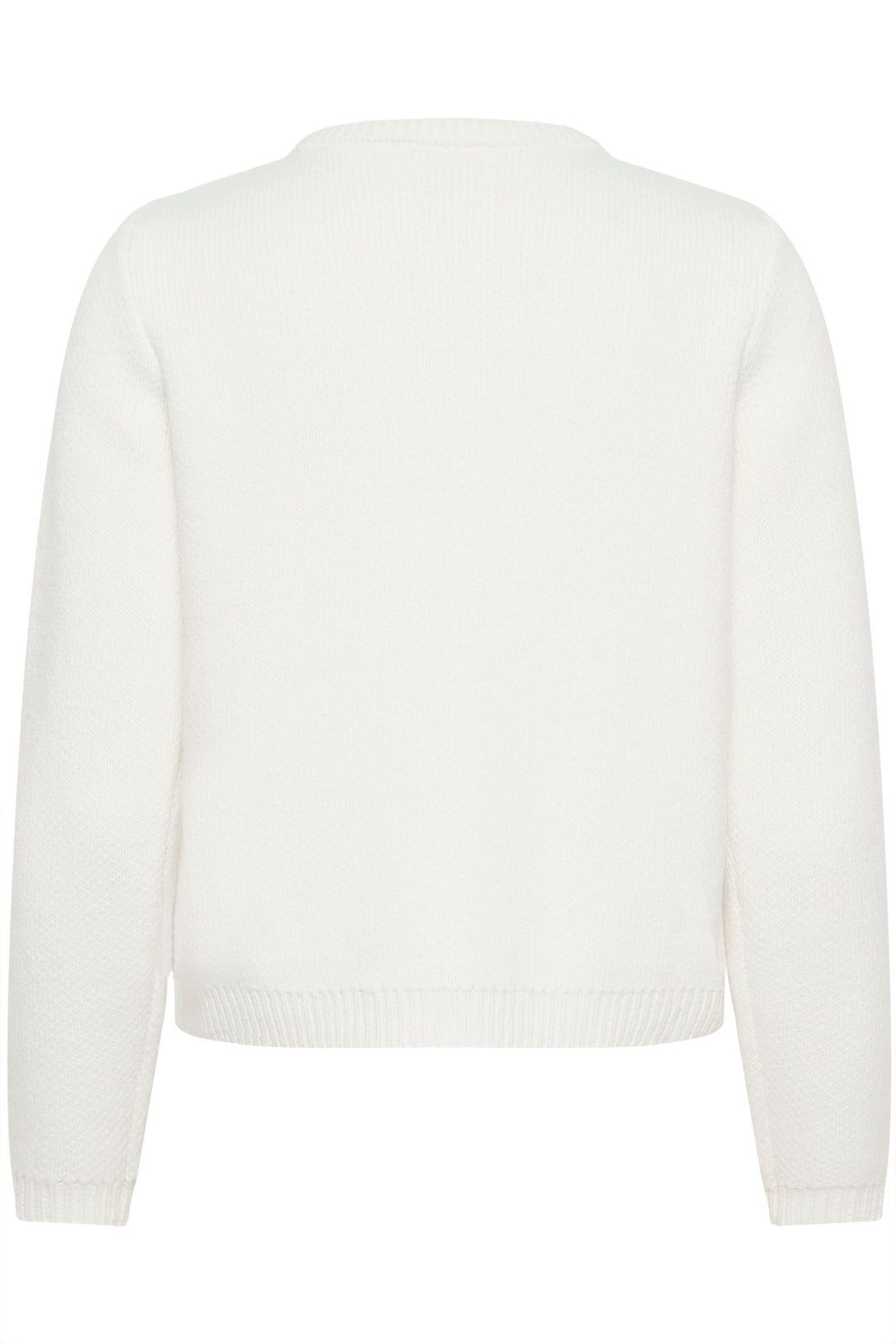 Vue arrière du Cardigan Bowie en maille fine blanche, style délicat et intemporel, détails féminins et coupe droite pour un confort élégant.