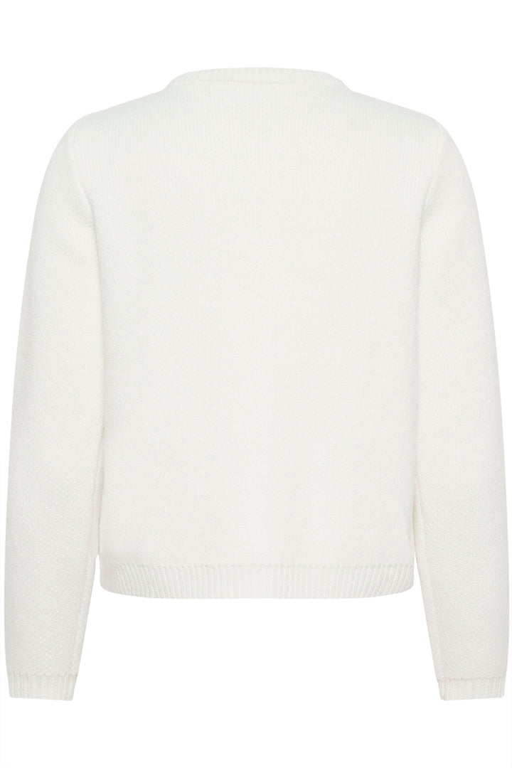 Vue arrière du Cardigan Bowie en maille fine blanche, style délicat et intemporel, détails féminins et coupe droite pour un confort élégant.