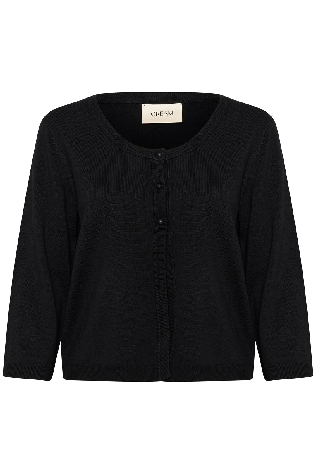 Cardigan Dela noir à manches trois-quarts, en maille douce et fluide, avec encolure ronde et boutons.