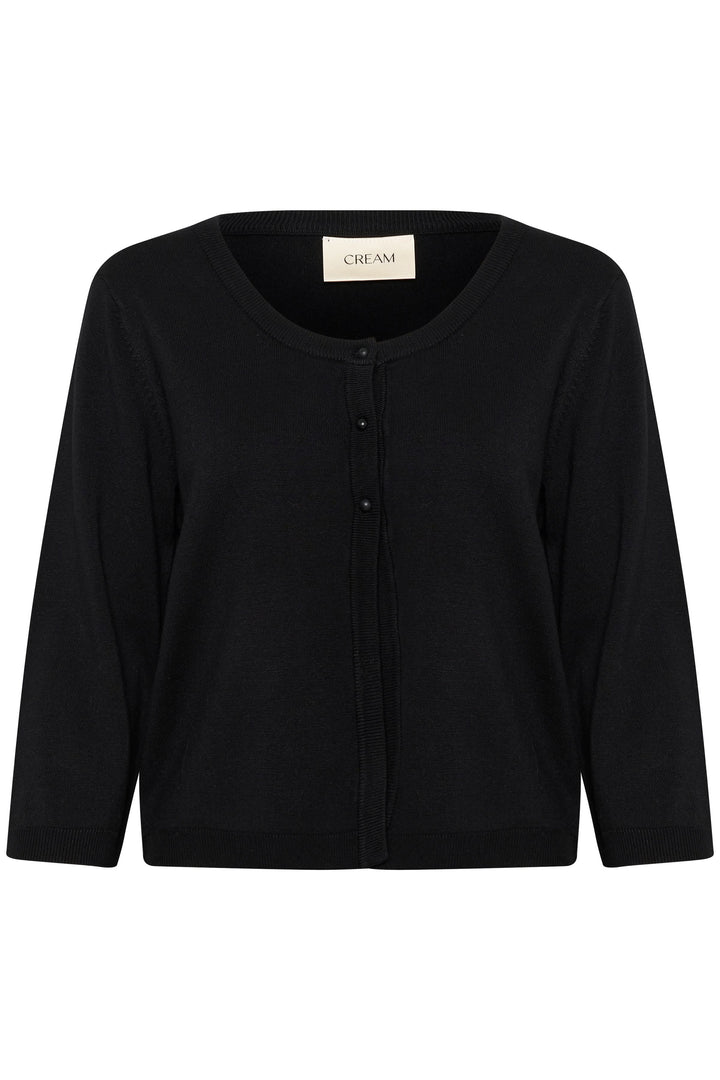 Cardigan Dela noir à manches trois-quarts, en maille douce et fluide, avec encolure ronde et boutons.