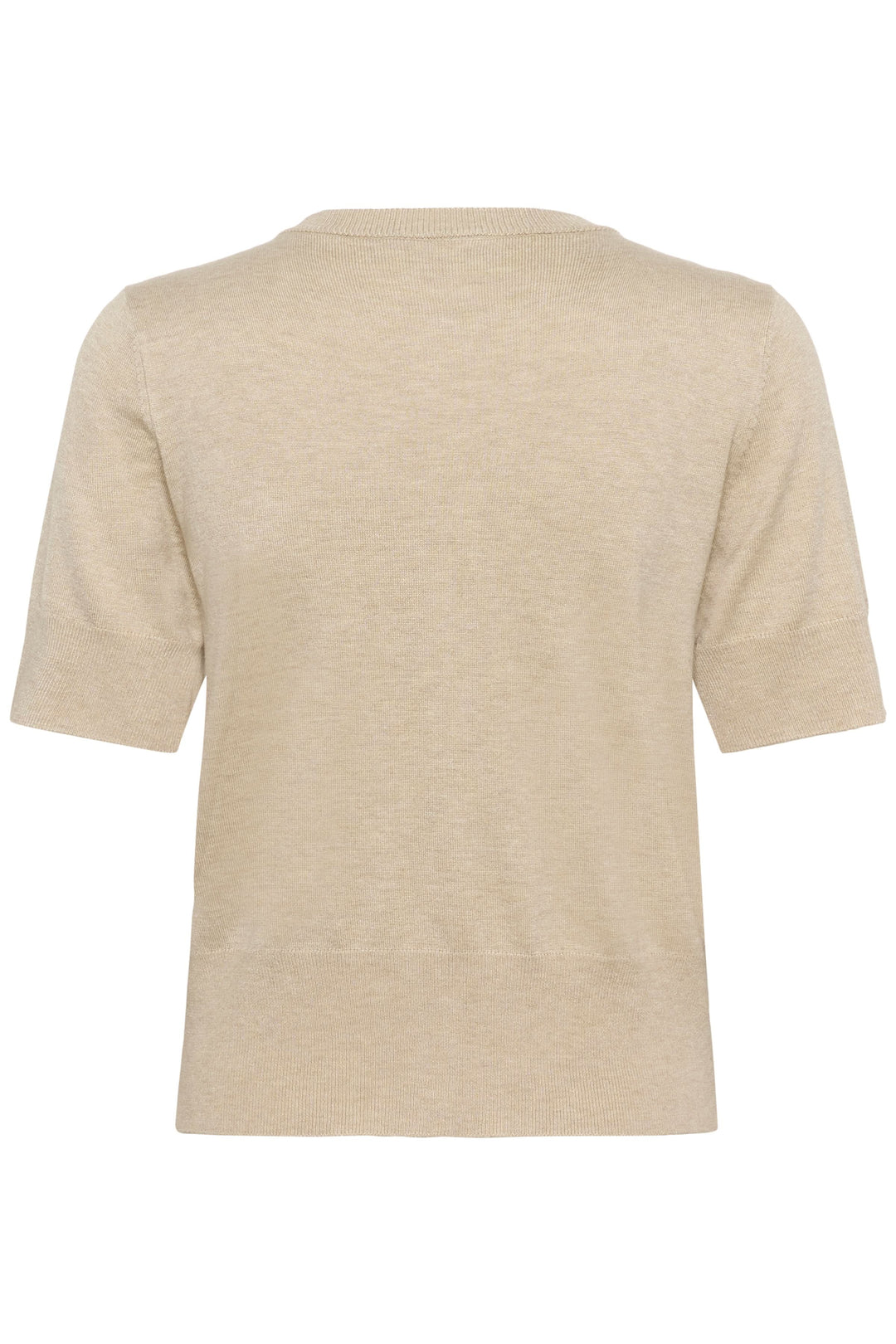 Vue arrière du Cardigan Lizza à manches courtes, maille fine beige, avec coupe ajustée et encolure ronde pour une silhouette féminine.