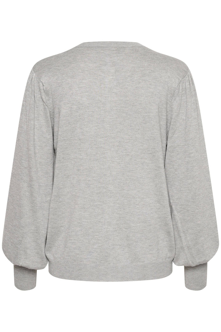Vue arrière du cardigan Lizza gris à manches ballons et col rond, parfait pour tenues décontractées ou habillées.