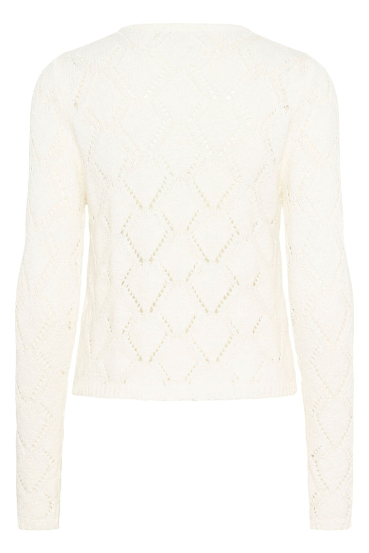 Dos du Cardigan Lorinia en maille ajourée blanche, manches longues et motif délicat pour un style élégant et féminin.