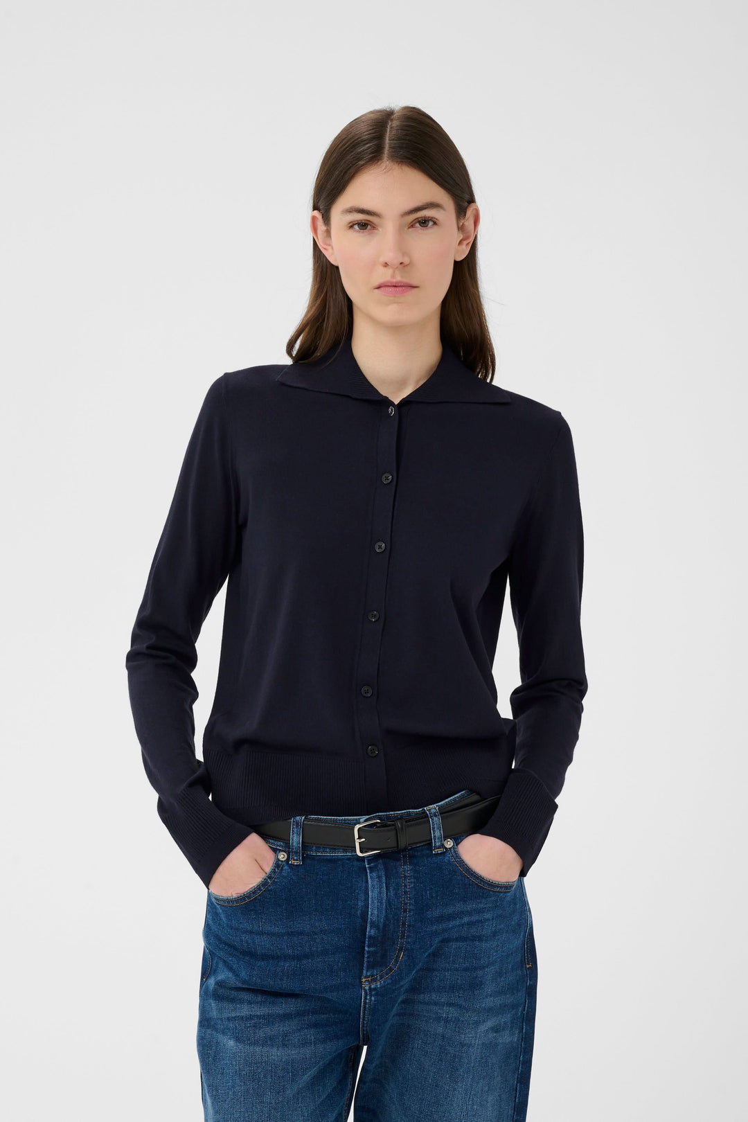 Miko Fine-Knit Button-Down Cardigan with Polo Neck