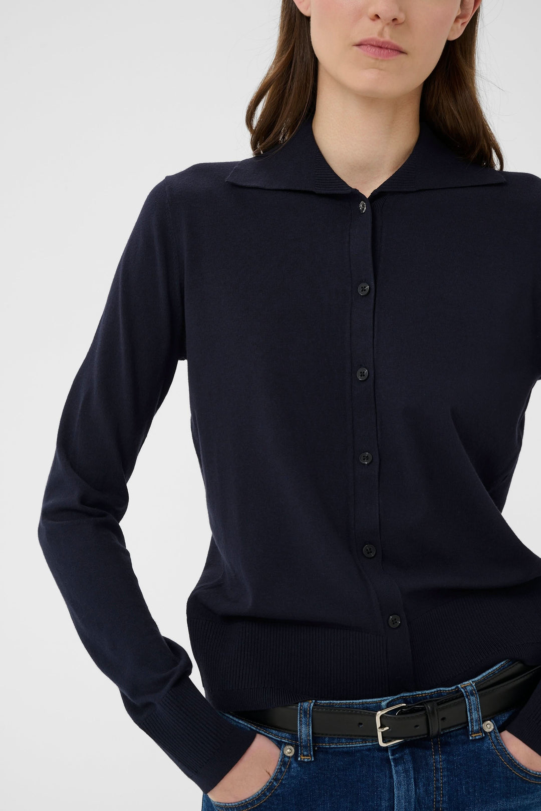 Miko Fine-Knit Button-Down Cardigan with Polo Neck