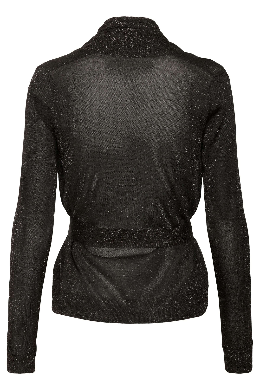 Vue arrière du Cardigan Thani à effet scintillant avec foulard intégré, en tissu noir lumineux et coupe fluide, élégant et raffiné.