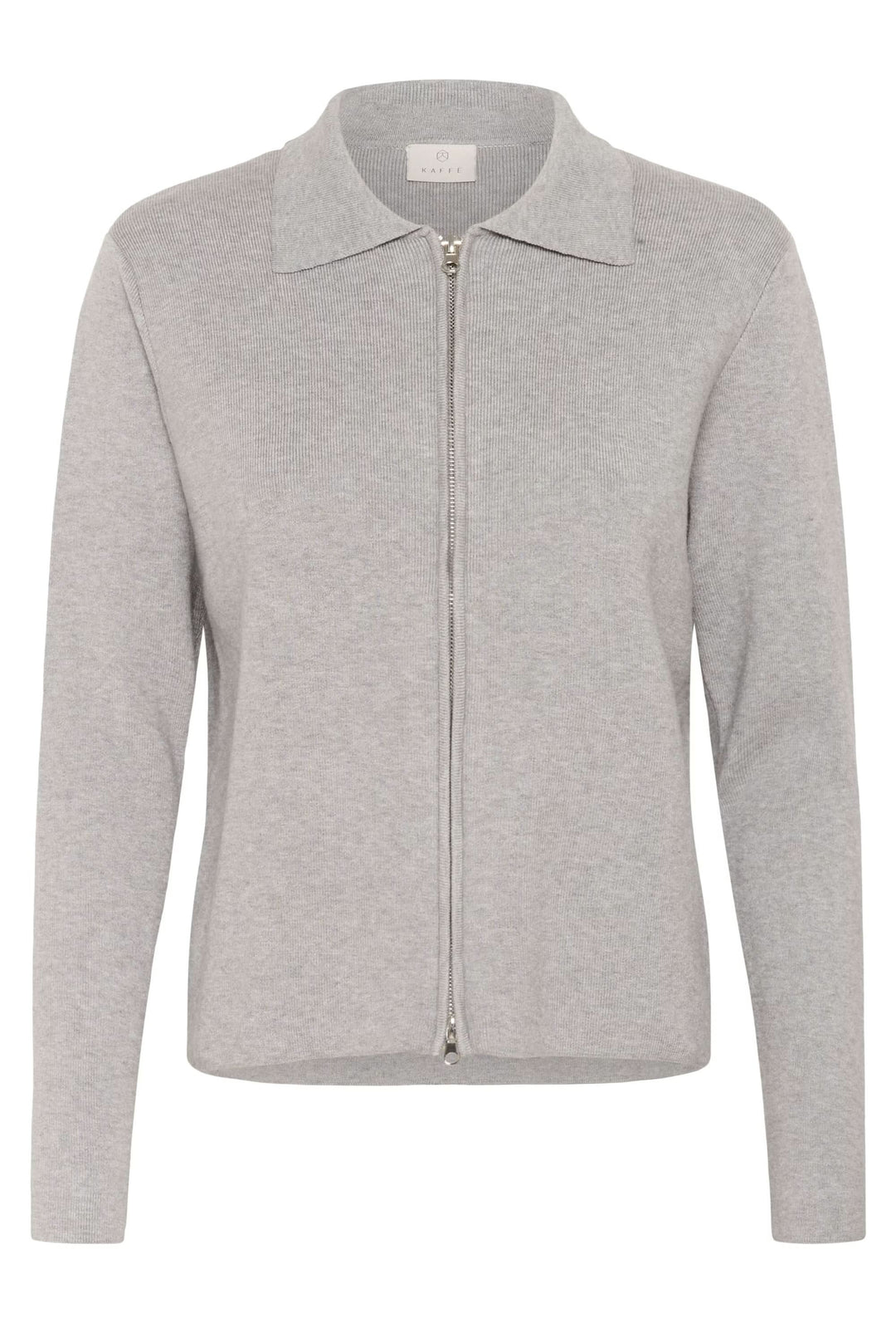 Cardigan Visja zippé en maille fine grise avec col chemise, style minimaliste et moderne pour une allure élégante et décontractée.