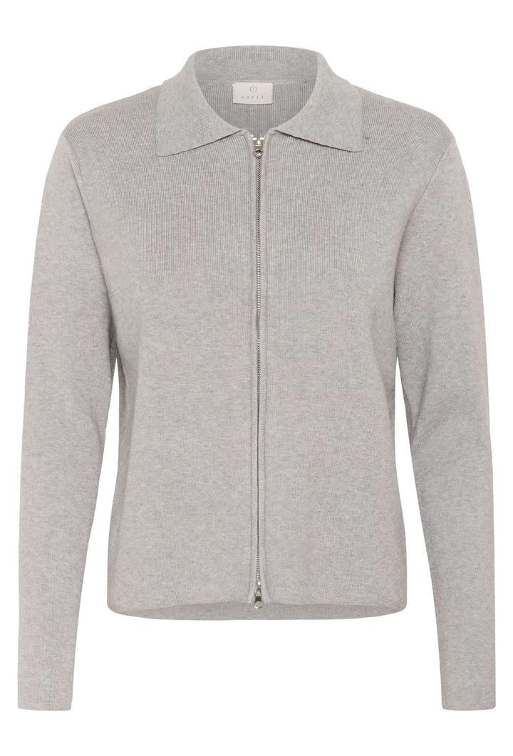 Cardigan Visja zippé en maille fine grise avec col chemise, style minimaliste et moderne pour une allure élégante et décontractée.