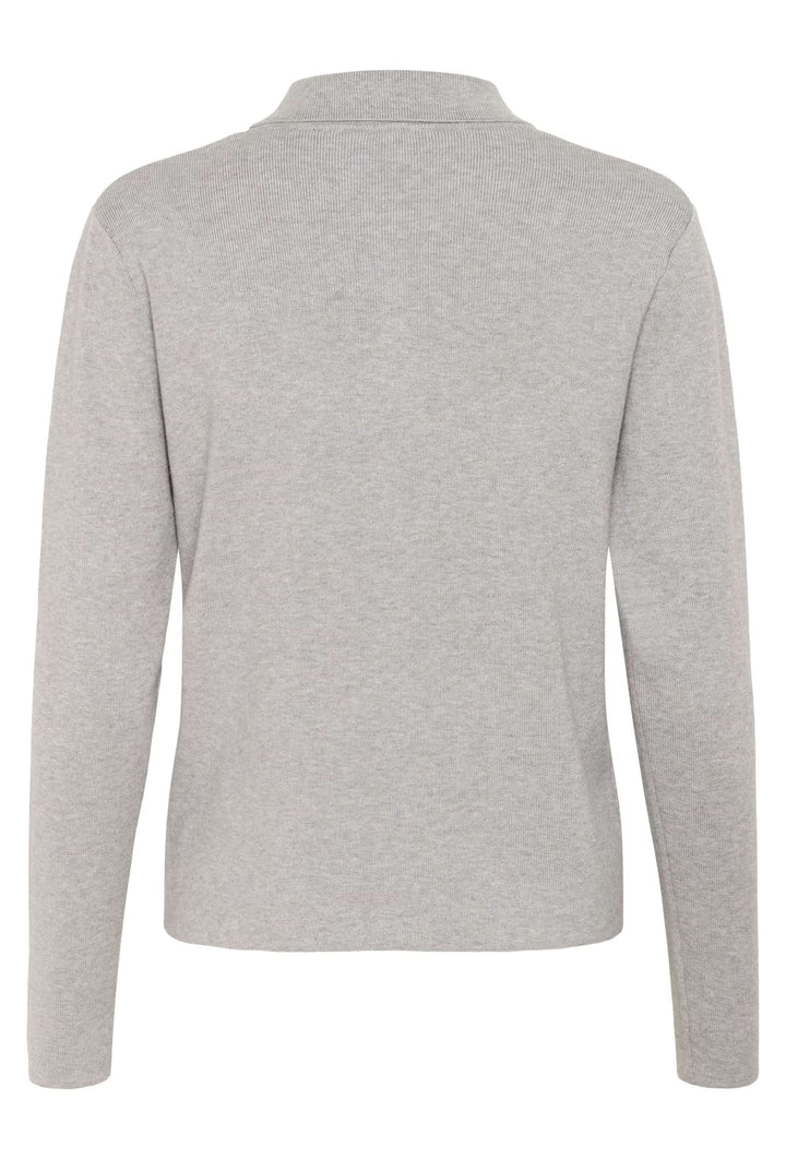 Cardigan Visja à col chemise et fermeture zippée, allure minimaliste et moderne, vue arrière en maille fine grise pour un style élégant.