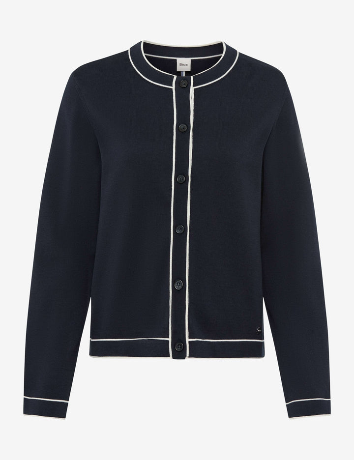 Cardigan boutonné à col contrasté ANN en maille fine, silhouette épurée, finitions contrastées, élégant et polyvalent.