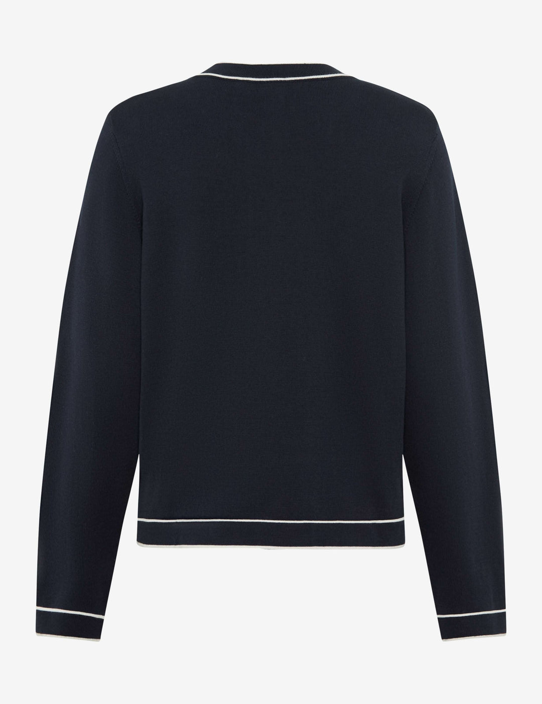 Vue arrière du Cardigan boutonné à col contrasté ANN avec finitions contrastées, idéal pour un look élégant et polyvalent.